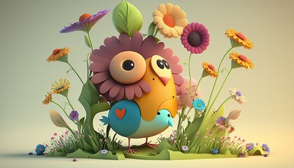 Spring concept with an egg and an abstract chicken surrounded by colorful flowers. 3d image. Generative AI