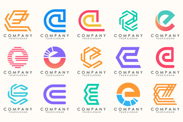 Abstract logos mega collection with letters E. Geometrical abstract logos