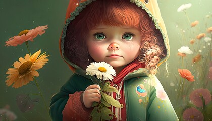 Illustration of a sweet and pretty girl surrounded by flowers. Spring concept. Fairy tale character. Generative AI