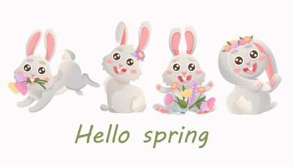Spring greeting card with cute bunny, flowers. Vector rabbit character set. Animal wildlife holidays cartoon