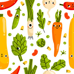 Seamless pattern with hand drawn vegetables. Vegetarian healthy food vector texture. Vegan, farm, organic, detox. Colorful design for kids or kitchen textile, fabric, paper. Cute doodle style emoticon