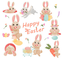 Happy Easter big set with cute bunny, eggs, flowers. Vector rabbit character set. Animal wildlife holidays cartoon