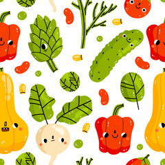 Seamless pattern with hand drawn vegetables. Vegetarian healthy food vector texture. Vegan, farm, organic, detox. Colorful design for kids or kitchen textile, fabric, paper. Cute doodle style emoticon