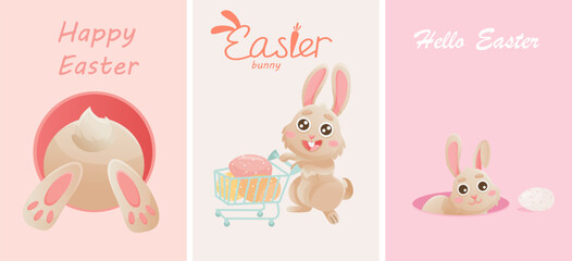 Happy Easter greeting card with cute bunny, eggs, flowers. Vector rabbit character set. Animal wildlife holidays cartoon