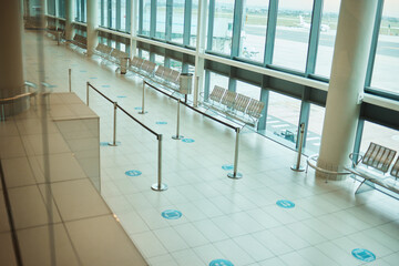Travel, empty and floor of an airport building with space, architecture and waiting room for a...