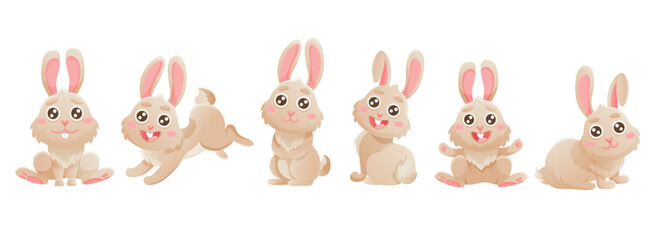 Cartoon big set of cute bunnies. Banner with vector illustrations. Vector brown bunny is sitting, jumping in cute poses