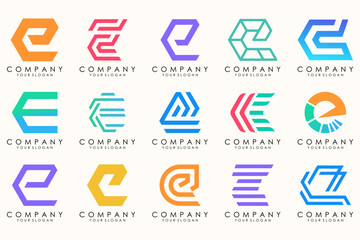 Abstract logos mega collection with letters E. Geometrical abstract logos