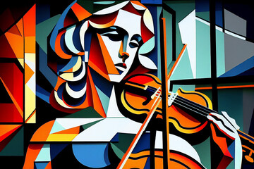 Female classical musician violinist playing a violin or viola in an abstract orchestra cubist style painting for a music orchestral poster or flyer, computer Generative AI stock illustration image - obrazy, fototapety, plakaty