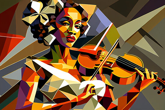 Afro-American female jazz musician violinist playing a violin or viola in an abstract cubist style painting for a music poster or flyer, computer Generative AI stock illustration image