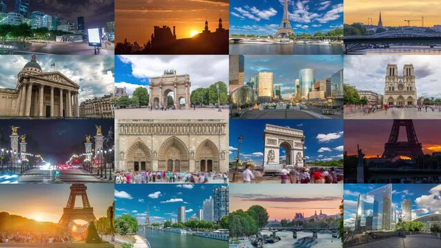 Multi Screen Collage of Paris timelapse hyperlapse, France. Collection of footage with the most famous parisian landmarks: Eiffel tower, Triumphal Arch, Notre Dame, defense skyscrapers zoom out and in