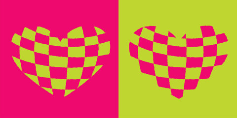 Checkered Heart Shape Yin Yang Style Composition as Valentines or Lovers Day Templates Set - Pink and Neon Green on Similar Background - Hand Drawn Design