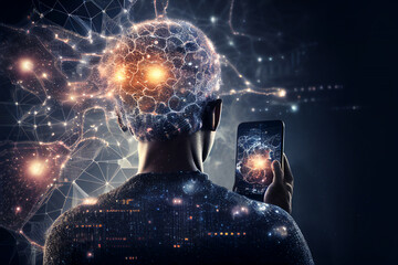 Male technician with a mobile smart phone facing a virtual internet environment with big data and artificial intelligence outlining a network circuit concept, computer Generative AI stock illustration