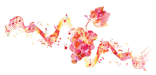 Grapes, grapevine and musical notes staff in pink color, isolated vector illustration background. Wine making, vino fairs design