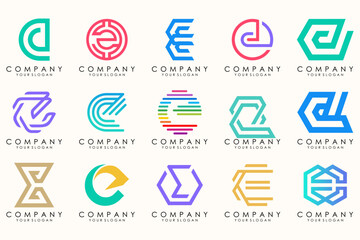 Abstract logos mega collection with letters E. Geometrical abstract logos