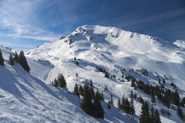 View on mountains and ski slopes of Avoriaz, France. Taken in March 2015. 