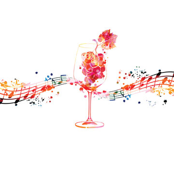 Beautiful wine glass with grapes and musical notes staff. Colorful goblet with alcoholic beverage. Glogg for celebrations and special occasions. Vino fairs and degustation events. Vector illustration