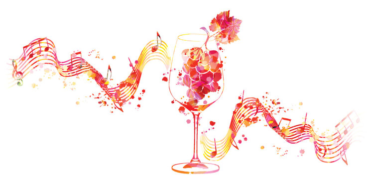 Beautiful wine glass with grapes and musical notes staff. Colorful goblet for alcoholic beverage. Glogg for celebrations and special occasions. Vino fairs and degustation events. Vector illustration