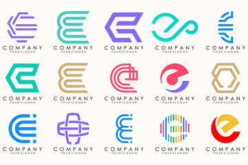 Abstract logos mega collection with letters E. Geometrical abstract logos