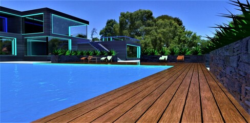 Long parallel timbers of the deck near the swimming pool in the yard of the upscale mansion in eco-friendly region of USA. 3d rendering.