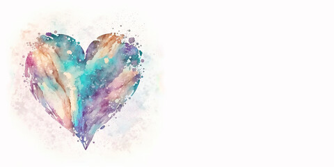 One big colorful blue heart on white background. Watercolor style drawing. Banner with place for text. Valentine's Day greeting card. Generative AI.