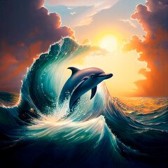 Dolphin playing in the waves of the sea at sunset,generative AI