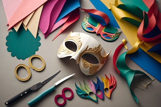 Color full Carnival mask with paper and scissor on a table