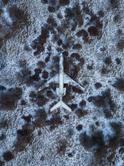 abandoned passenger plane wreck in the forest in winter