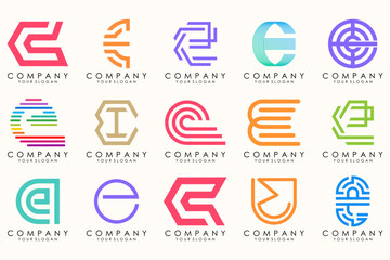 Abstract logos mega collection with letters E. Geometrical abstract logos