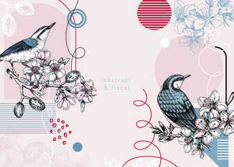 Collage style nuthatches vector background. Hand-drawn bird on blooming almond branches with flowers, nuts, and leaves in colors. Trendy design with botanical sketches, geometric shapes for print