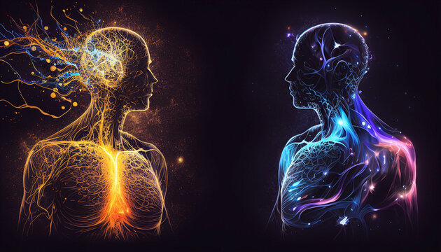 Journey through the universe.  Concept of astral projection and spiritual healing of the soul and body.  Meditating person looking inside himself. 3d rendering.