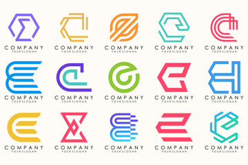 Abstract logos mega collection with letters E. Geometrical abstract logos