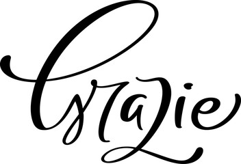 Grazie handwritten lettering text. Thank you in Italian language. Ink illustration. Modern brush calligraphy. Isolated on white background. Gratitude words for postcards