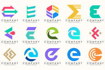 Abstract logos mega collection with letters E. Geometrical abstract logos