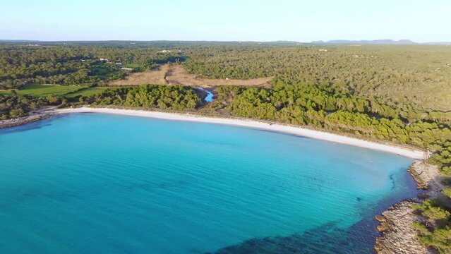 Aerial View Of Son Saura Beach With Clear Blue Water In Menorca Spain, Tracking Wide Shot.