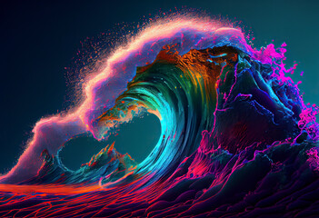 Fantasy seascape, neon colors, magic lights on the water. Generative AI.