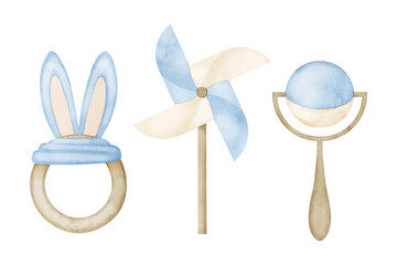 Watercolor set with baby Rattle, Pinwheel and Teething Toy. Hand drawn illustration of Teether and Whirligig in cute pastel blue and beige. Childish elements on isolated background for newborn shower.