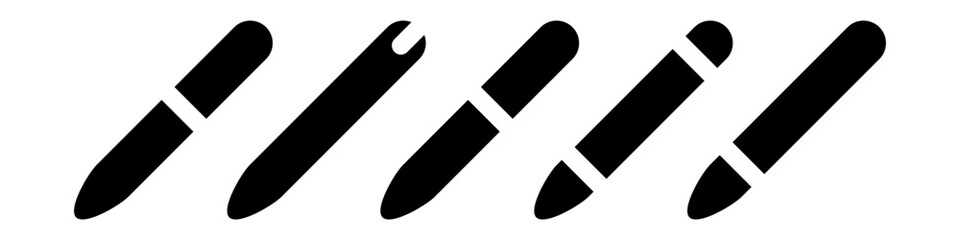 Pen or pencil icons set. Device for creativity, drawing and writing. Modern black icon vector isolated on white background.