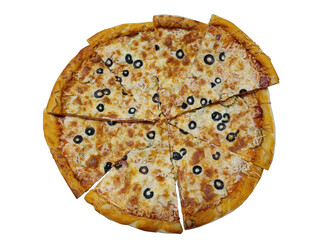 large pizza with olives cut into slices isolated white background