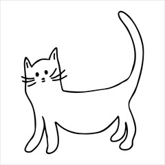 Cute cat. Vector black and white hand-drawn doodles. Template, coloring book design, clipart, logo, sketch, icon.