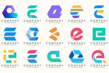 Abstract logos mega collection with letters E. Geometrical abstract logos