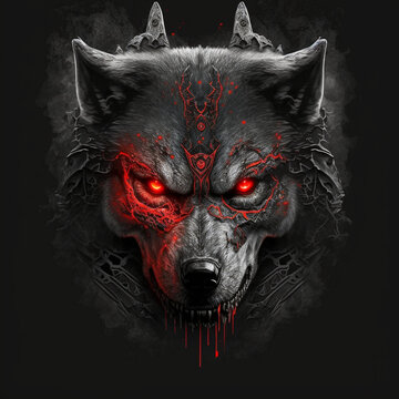Angry wolf with red eyes on a black background. Head of a wolf with blood on a black background	