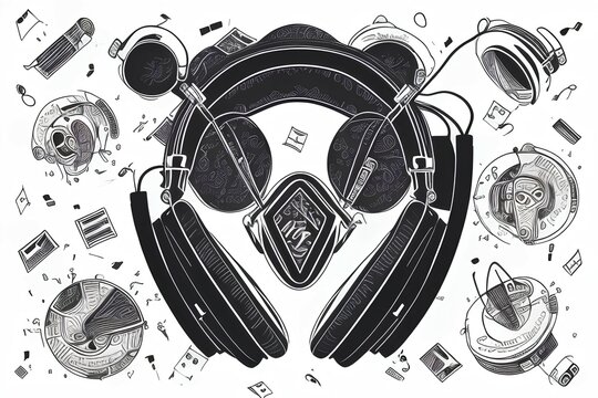 Headphones performing loud sounds vector doodles in flat style. Headset hand drawn musical earphones with melody. Music poster with treble clef, notes set - generative ai