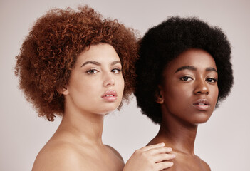 Friends, beauty with face and black women in portrait,.inclusive cosmetic care on studio...