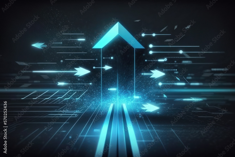 Wall mural Future technology concept with abstract background and moving arrows. futuristic technology abstract blue light arrow backdrop illustration. Motion graphs. Generative AI