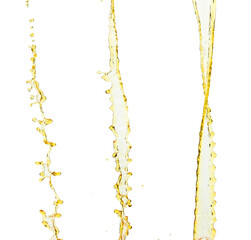 Orange, lemon juice or oil lubricant splash, liquid gold yellow drink drops. Fruit beverage water elements in line form . Fresh splashing and flowing jets, white background isolated freeze motion