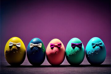 Easter eggs with little bow ties in a row. AI Generative Design.