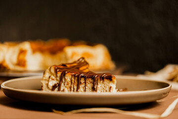 a piece of san sebastian cheesecake from the big dessert. Close angle 