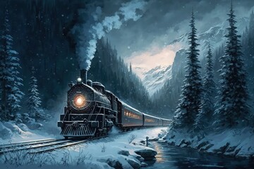 Fantasy train across a winter wilderness. They enjoyed dining while enjoying snowy rail excursions, smoke, spotlights, and a mystical winter forest at night. illustration. Generative AI - obrazy, fototapety, plakaty