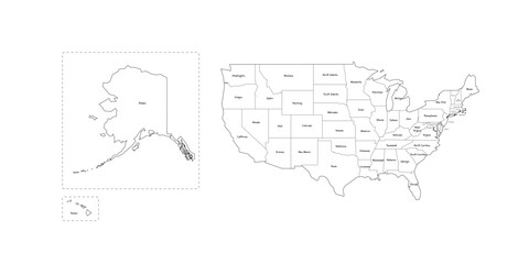 United States of America political map of administrative divisions - states and federal district Washington, D.C. Handdrawn doodle style map with black outline borders and name labels.