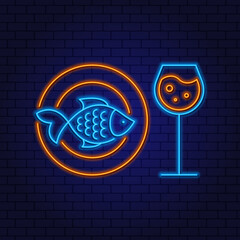 Neon illustration of dinner in a fish restaurant with a glass of white wine. Whole fish on a plate and wine in a glass. Glowing emblem on a dark background
